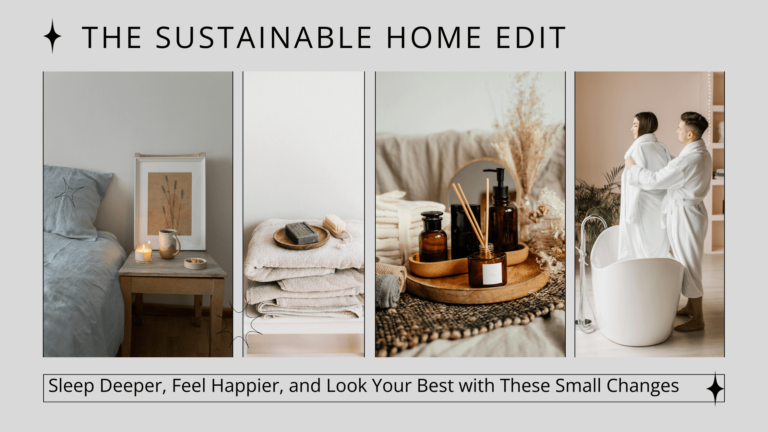 A collection of sustainable home essentials, including organic bed linens, non-toxic beauty products, eco-friendly, and natural cleaning solutions for a healthier lifestyle