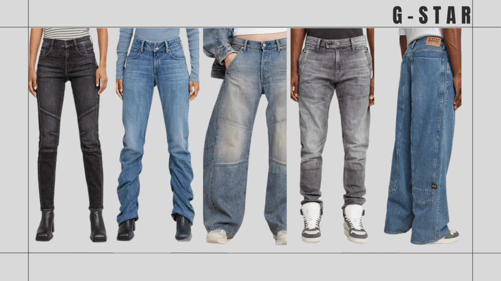 Five sustainable denim styles by G-Star RAW, featuring eco-friendly materials and innovative design.