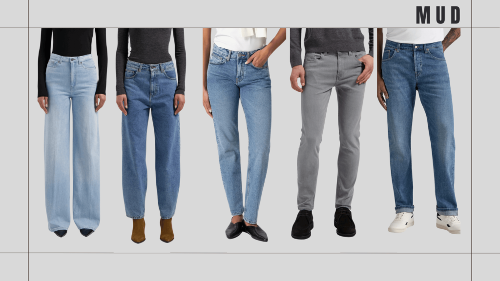 Five sustainable denim styles from MUD Jeans, made with recycled cotton and designed for a circular fashion model.