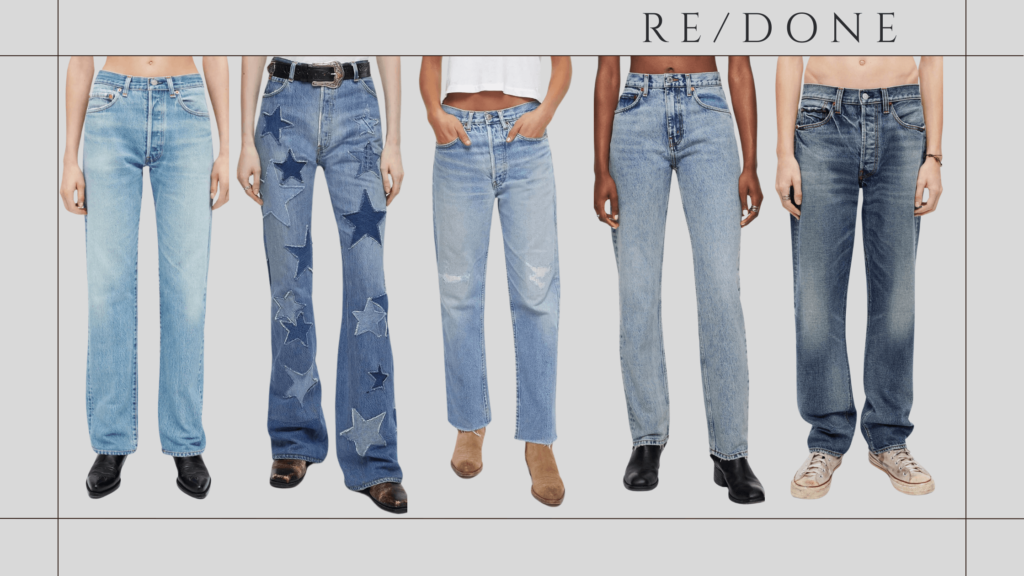 Five eco-friendly and responsible denim styles by RE/DONE, showcasing upcycled materials and sustainable design.