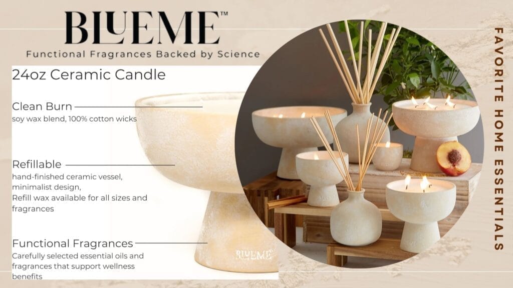 Blueme essential oil diffuser and ceramic soy wax candle set, promoting a clean, aromatic, and healthy home ambiance