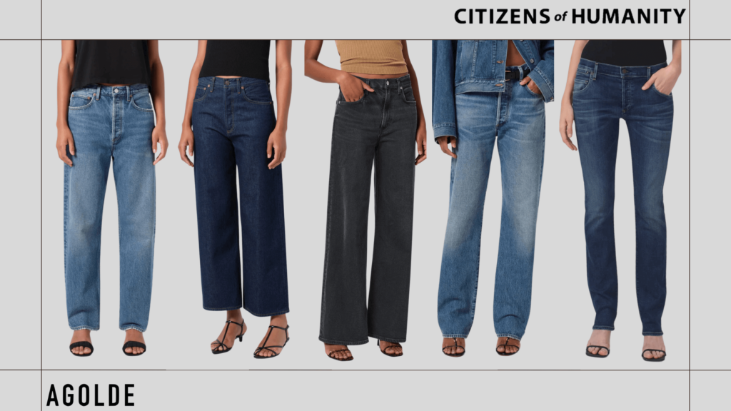 Five sustainable denim styles from Citizens of Humanity and AGOLDE, showcasing the best in eco-friendly fashion.