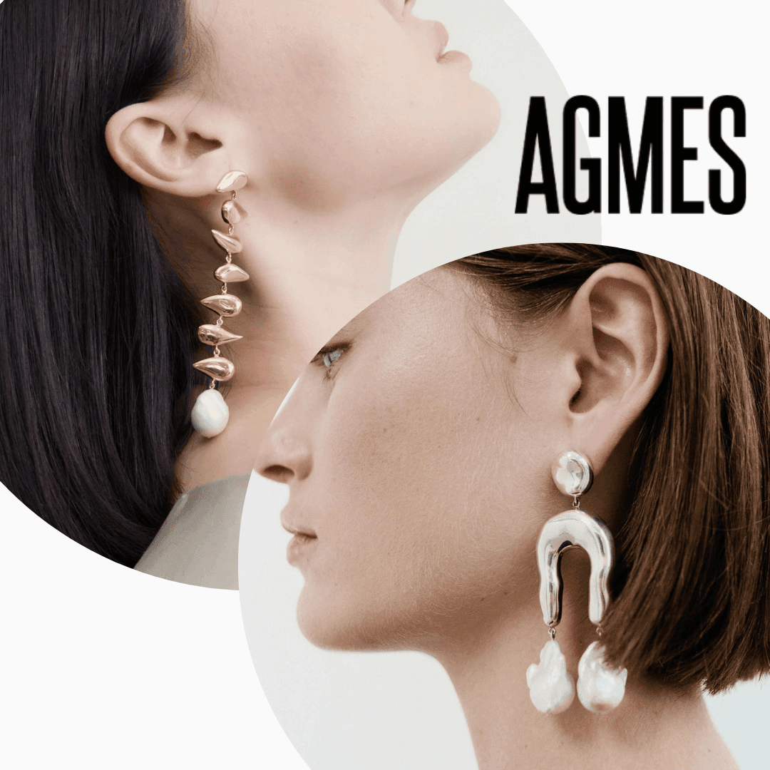 Pair of AGMES sculptural earrings crafted from recycled metals and responsibly sourced materials, showcasing ethical and sustainable heirloom jewelry design.