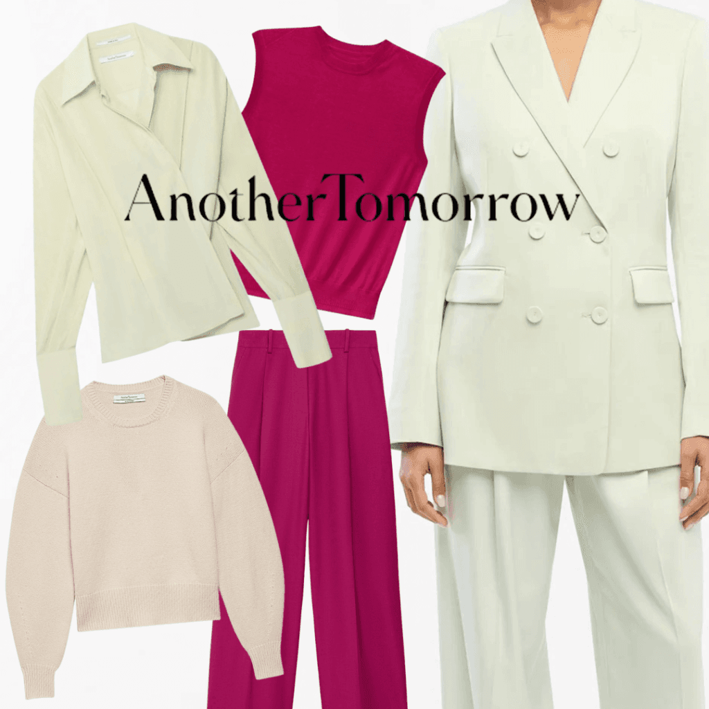 A refined collection of Another Tomorrow’s sustainable fashion: a light julep green suit, birch pink sweater vest with matching pants, a silk julep green shirt, and an off-white organic knit sweatshirt—versatile, ethical, and timeless.