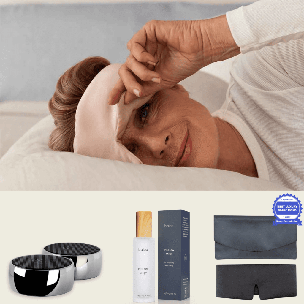 Baloo Sleep Therapy products including Sound Therapy speaker, Pillow Mist, and Relaxation Mask, shown with a relaxed woman in bed lifting her mask with a smile.