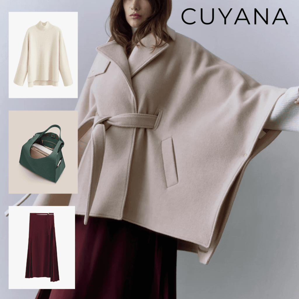 Alpaca Wool Relaxed Turtleneck Sweater, Oversized Double Loop Bag in bottle green, Wool Cape made from recycled wool in beige, and Silk Pleated Side Skirt in Cherry. Each product emphasizes luxury and eco-friendly materials.