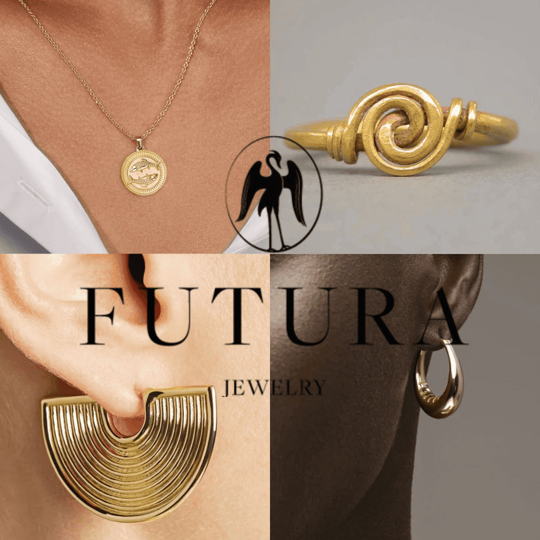 A curated selection of four exquisite gold jewelry pieces from FUTURA’s collections, showcasing timeless designs crafted with certified 18kt Fairmined Ecological gold. Ethically made, sustainably sourced, and inspired by history.