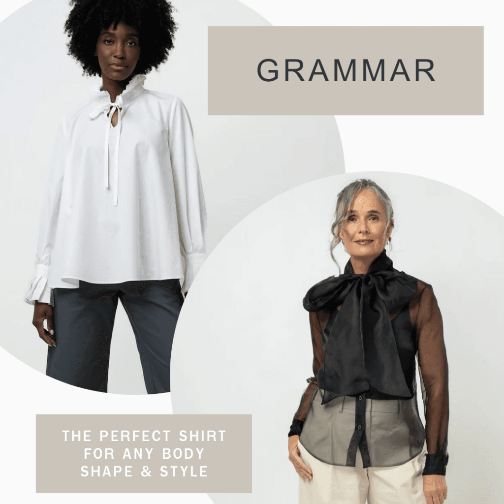 Two beautifully crafted women's shirts from GRAMMAR, made from 100% GOTS-certified organic cotton. Ethically produced in NYC with timeless design and impeccable quality.