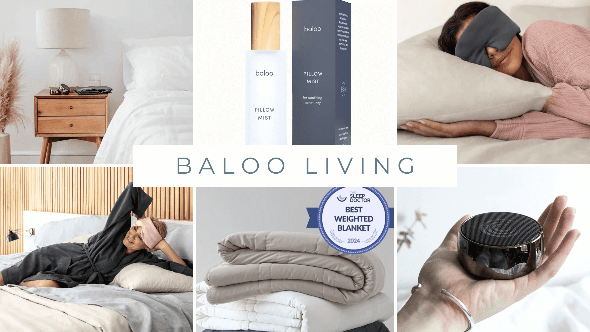 A collection of Baloo Living's health-conscious products, including an organic weighted blanket, cotton bed sheets, a silk sleep mask, a cozy robe, calming pillow mist, and Solu n.o.w. Tone Therapy meditation speakers