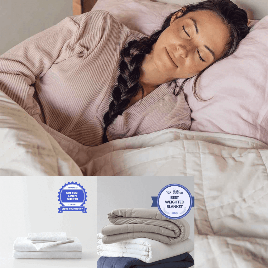 Baloo weighted blanket with soft organic linen sheets, promoting deep rest and relaxation. Eco-friendly, sustainably made with lead-free glass beads and 100% cotton, rated top for comfort.