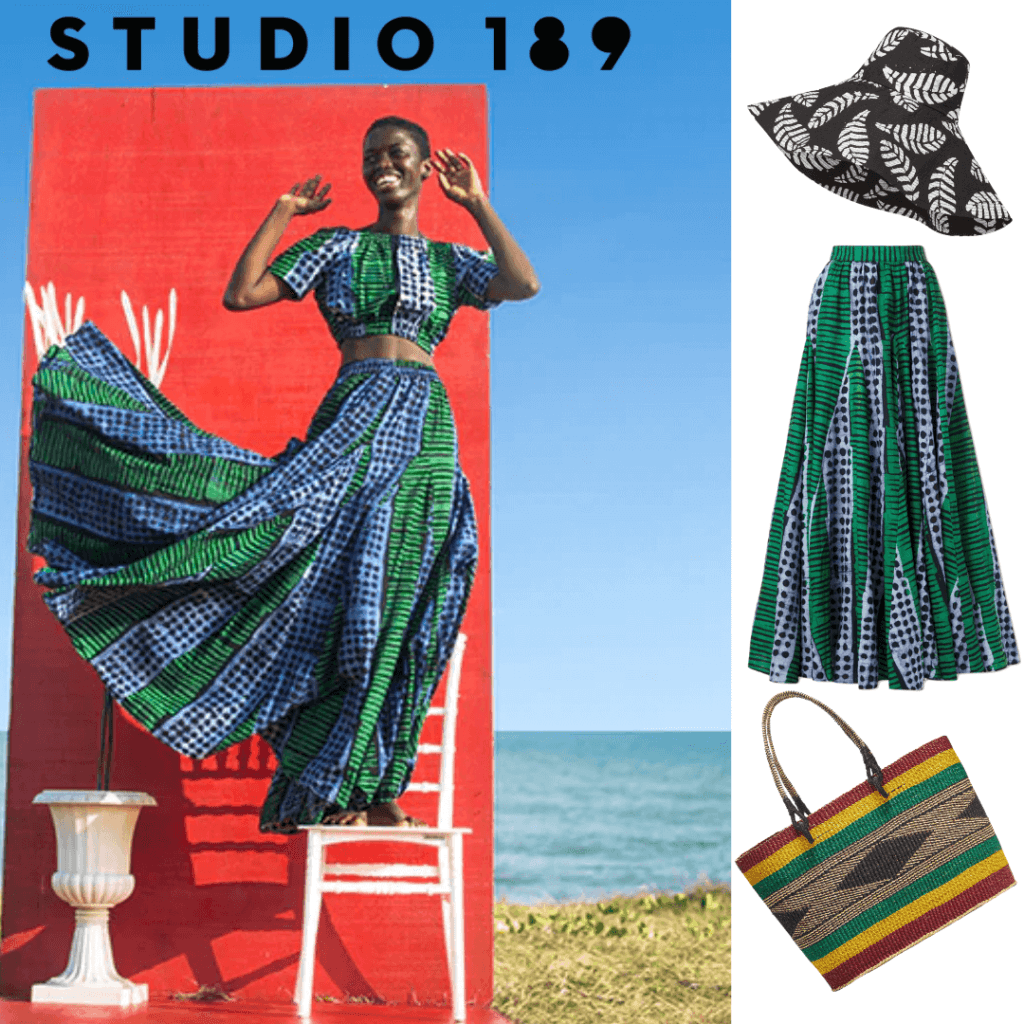 A beautifully curated selection of Studio 189's sustainable fashion pieces, including a hand-batik cotton skirt, a floppy hat, and a hand-woven raffia Simona bag, all ethically made in Ghana using traditional artisan techniques.