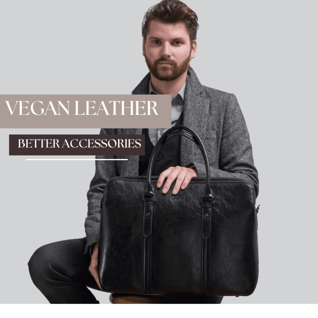 A well-dressed man holding a large, elegant vegan leather briefcase, showcasing sustainable, high-end accessories for modern professionals.